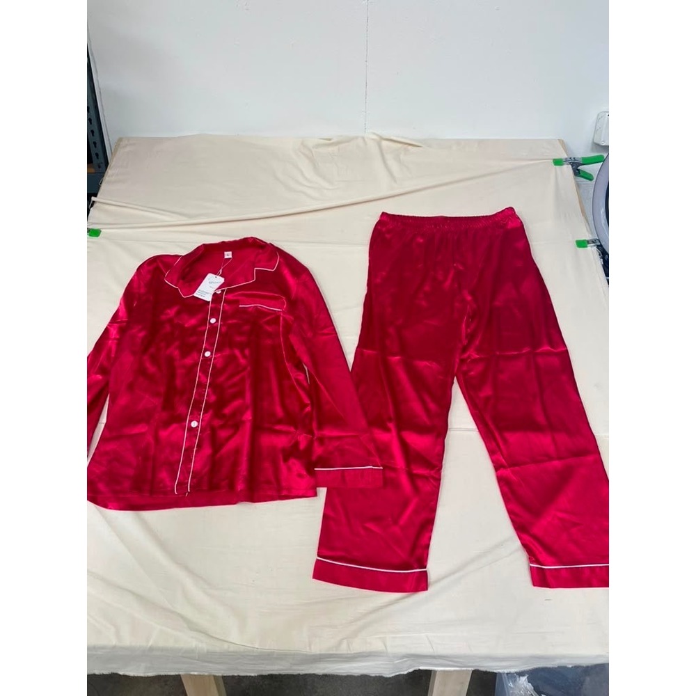SWOMOG Womens Red Satin Pajama Set Long Sleeve Button Down Sleepwear Size L NEW
